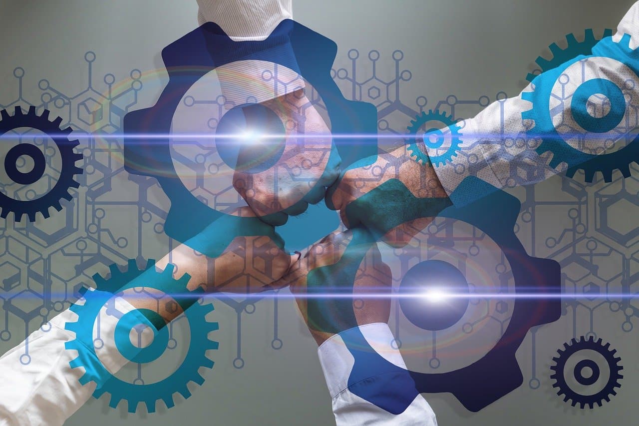 A modern illustration showing a team working together through blockchain technology. Perfect for content about digital innovation, decentralization, and collaborative problem-solving.
