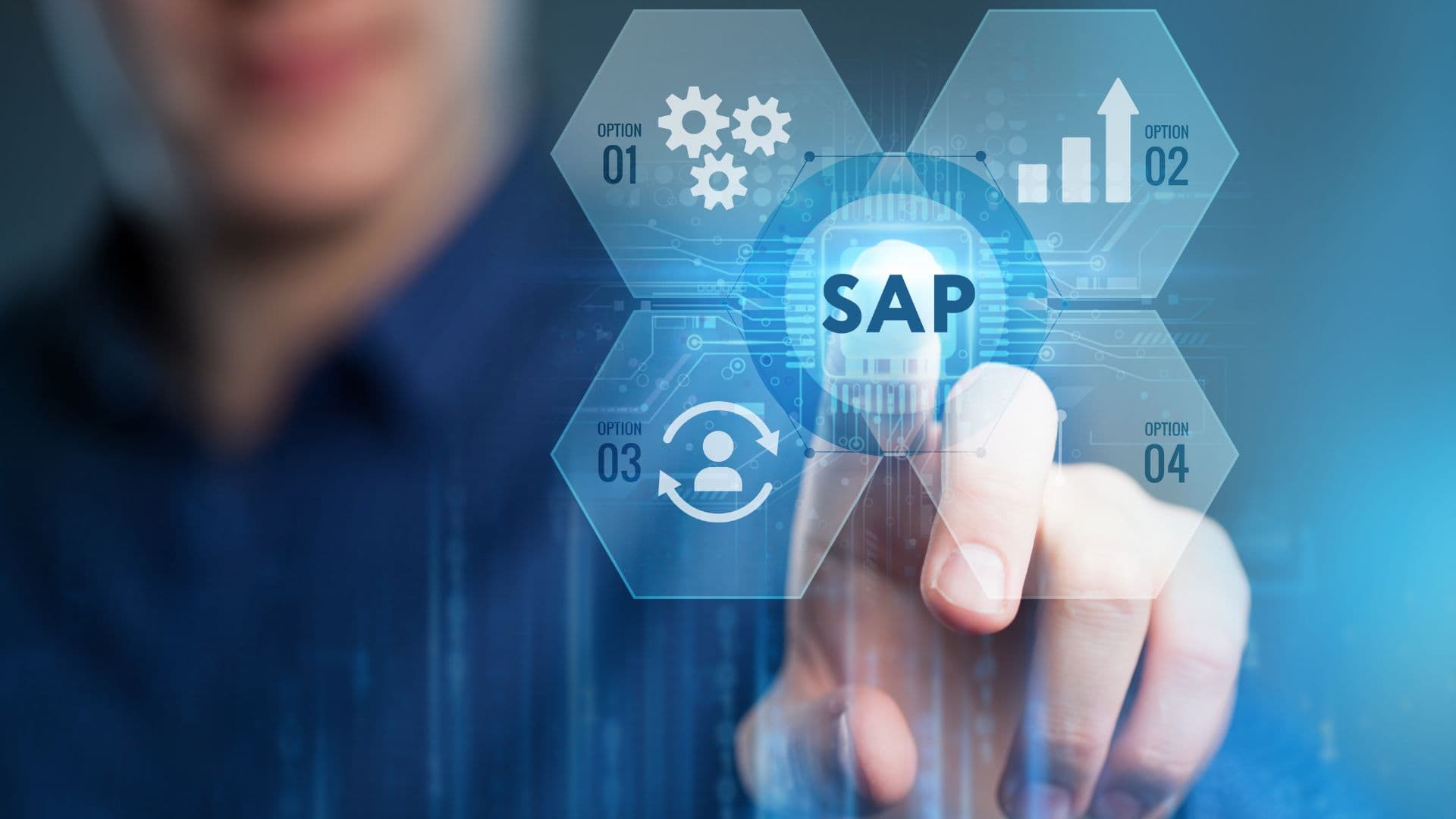 A conceptual image illustrating different strategic options for implementing SAP solutions. The image shows a hand interacting with a digital interface labeled "SAP" in the center, surrounded by four hexagonal icons labeled Option 01 to Option 04. Each option represents different focus areas such as process automation, performance analytics, user management, and innovation scaling—indicative of key aspects in SAP transformation journeys like RISE with SAP.